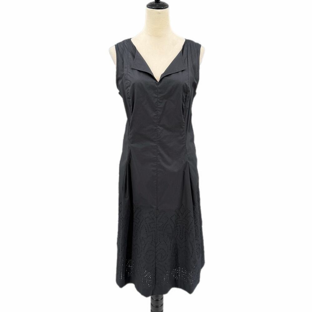 Talbots PETITE Black Fit & Flare Sleeveless V-neck Embroidered Cotton Mini Dress